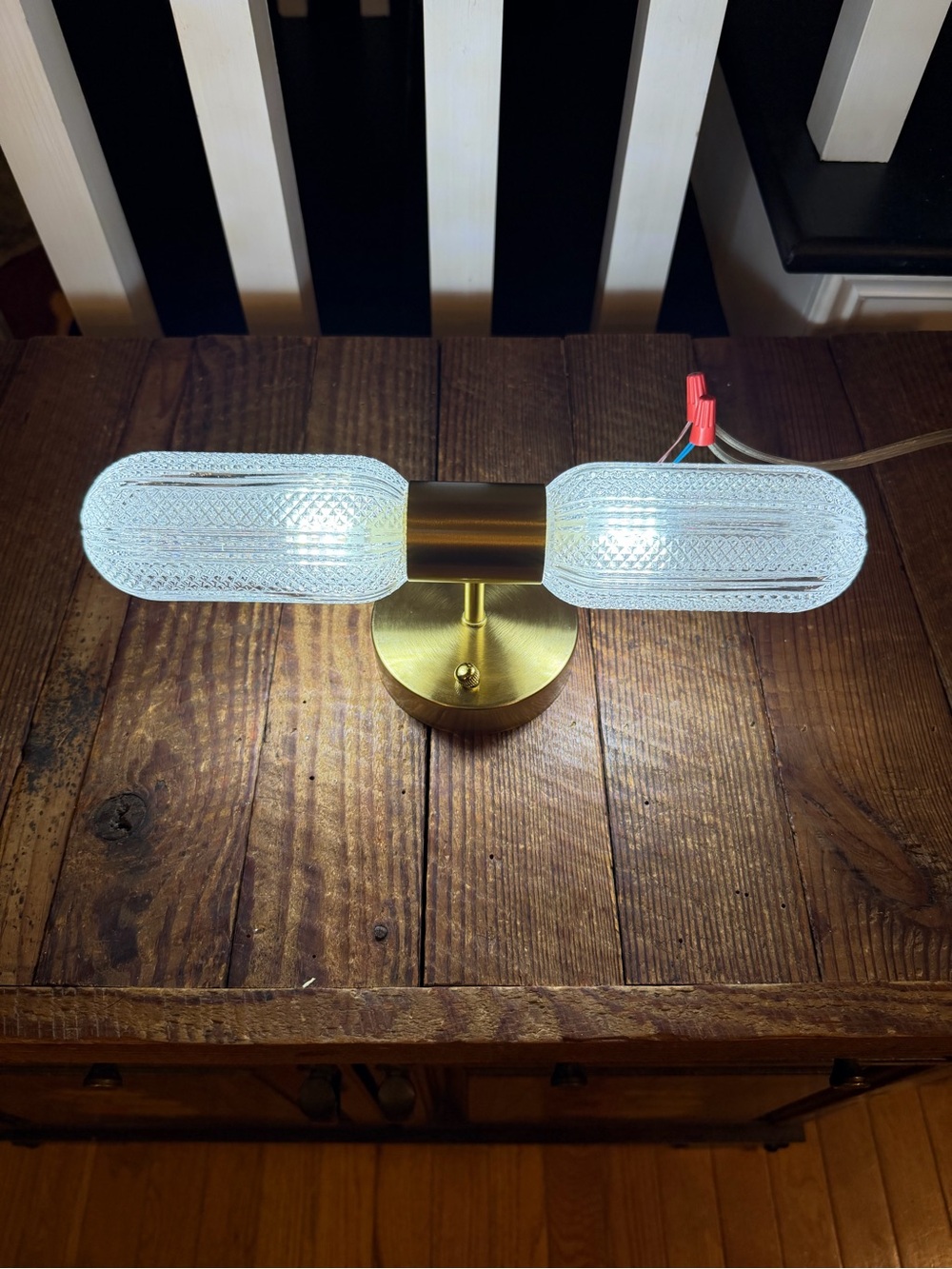 NEW Open Box Brass-tone 12” Double Wall Light with Textured Glass Shades
